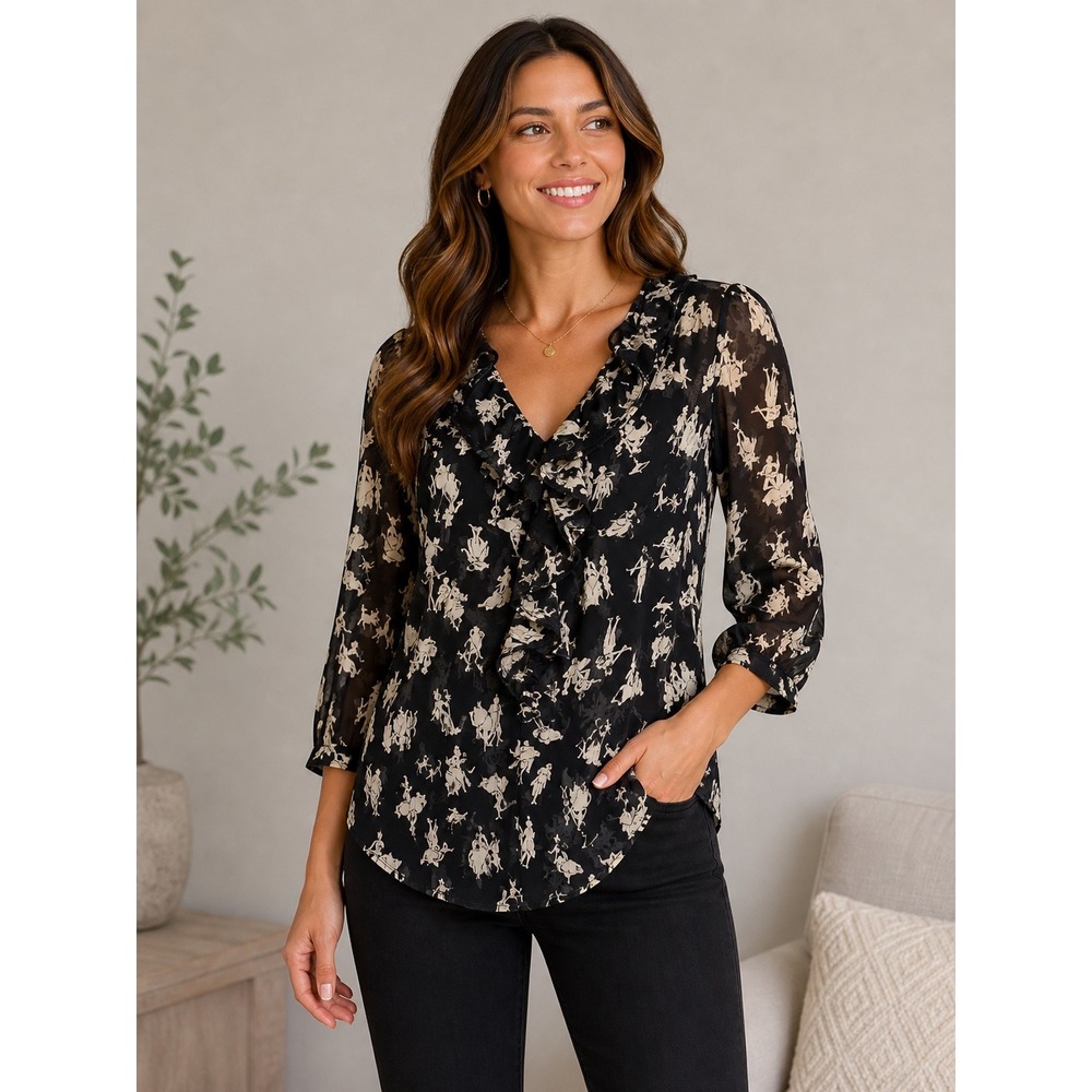 Anthropologie HD in Paris Sheer Black Toile Silhouette Ruffle Blouse 12 Coquette